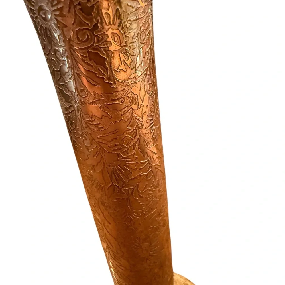 Vintage Brass/Copper Embossed Trumpet Vase – 7” Floral Design